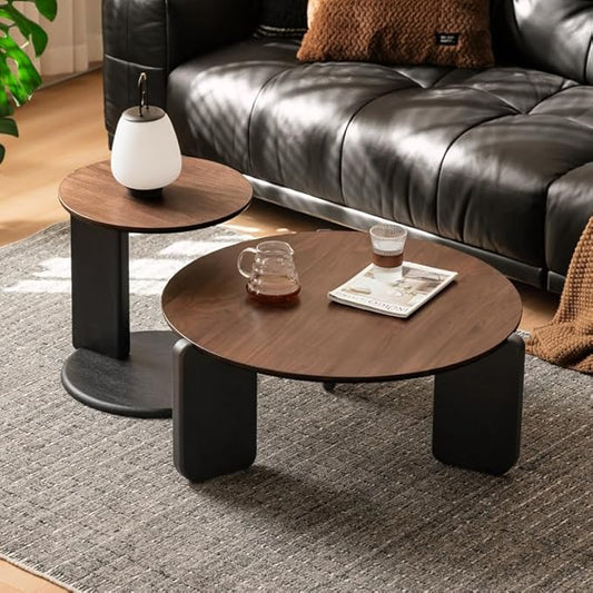YESWOOD Round Coffee Table Set of 2, Solid Walnut Wood Top Coffee Table with Oak Legs, Mid Century Morden Living Rooom Table, Small Coffee Table for Bedroom Balcony Living Room