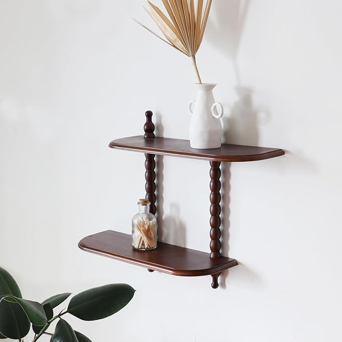 2-Tier Wall Mounted Floating Shelf with Two Roman Columns, Decorative Display Shelf for Entrance, Bathroom, Bedroom, Living Room, Kitchen, Office (Dark Brown)