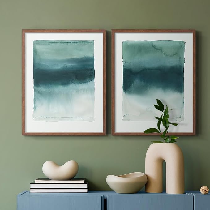 Renditions Gallery Set of 2 Peel & Stick Framed Prints, Tie Dye Abstract Wall Art, Sage Green Watercolor Horizon Wall Decor, Re-Stickable - Ready to Hang - 16"x20" - Walnut Frame LT588