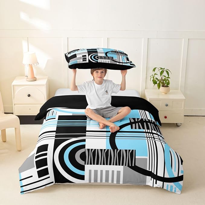 Art Deco Mid Century Duvet Cover Set Retro Modern Abstract Geometric Girl Toddler Bedding Set for Tween Boys Girls Black and White Sky Blue Circles Stripes Comforter Cover Contemporary Bed Sets