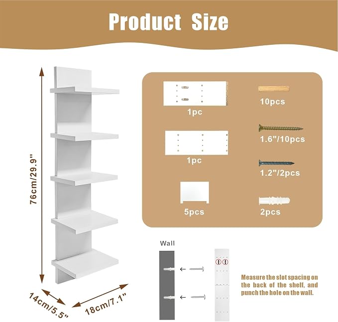 5 Tier Shelves for Wall, Decorative Wall Mounted Vertical Shelving Column Decor 30 Inch H Mounted Floating Storage Organizer Natural Finish Wall Shelf for Living Room, Bedroom, Bathroom