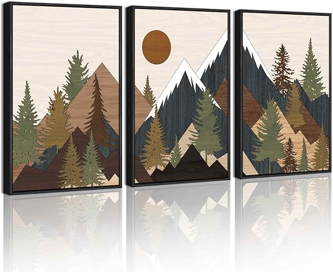 KUVIOKE Morden Mountains Framed Wall Art Boho Pine Tree Forest Nature Landscape Artwork Bohemain Farmhouse Rustic Bedroom Living Room Decor 16x24in (Black Framed)
