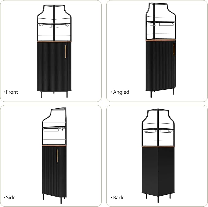 ARTPOWER Corner Bar Cabinet with LED Strip, 4-Tiers Modern Corner Coffee Bar with Glass Holder, Fluted Tall Liquor Cabinet for Kitchen, Dining Room, Living Room, Black