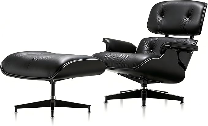 Mid Century Chaise Lounge Chair with Ottoman, Top Black Grain Leather, Modern Office Chair Classic Design, Heavy Duty Base Support for Living Room Study Lounge Office