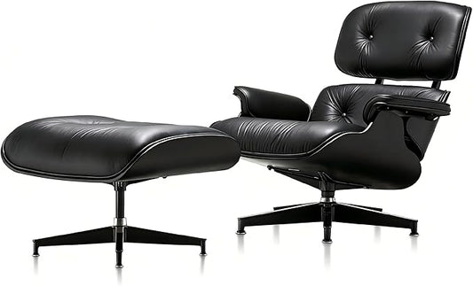 Mid Century Chaise Lounge Chair with Ottoman, Top Black Grain Leather, Modern Office Chair Classic Design, Heavy Duty Base Support for Living Room Study Lounge Office