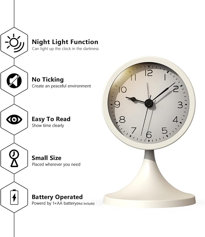 AYRELY® 3" Cute Analog Alarm Clock,Small Retro Table Clock Battery Operated,Slient Metal Desk Clock with Light for Living Room Decor,Bedroom,Bedside,Shelf (White)
