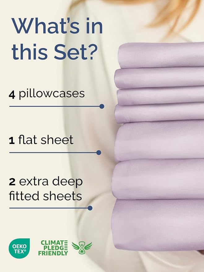 Extra Deep Split King Sheet Set - 7 Piece Breathable and Cooling Sheets - Hotel Luxury Bedding for Women, Men, Kids & Teens - Secure Fit - Soft and Wrinkle Free - Extra Deep Pockets - Light Lavender