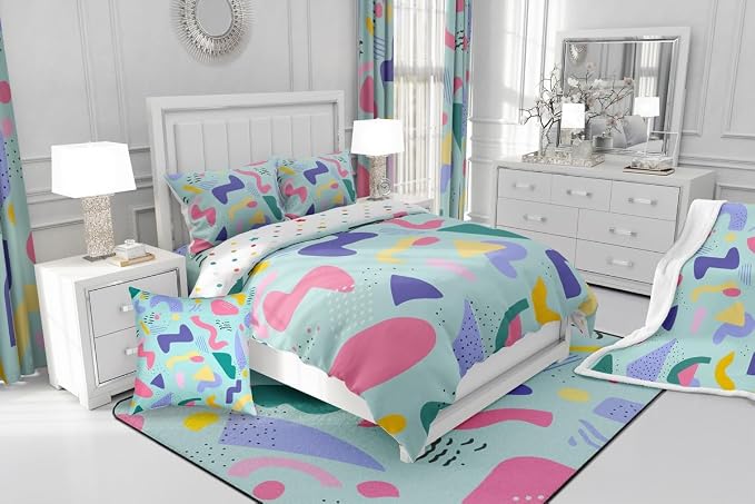 Cow Print Bedding Set Memphis 80s Comforter Cover,Vintage 90s Memphis Duvet Cover Abstract Geometric Retro Bed Set Full,Rainbow Cowhide Urban Modern Circles Triangle Room Decor,Light Green