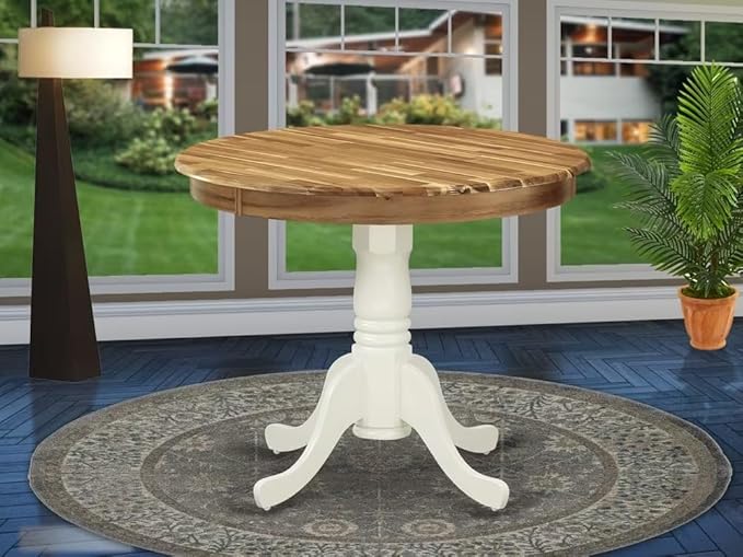 East West Furniture AMT-NLW-TP Antique Dining Table - a Round Wooden Table Top with Pedestal Base, 36x36 Inch, Natural & Linen White