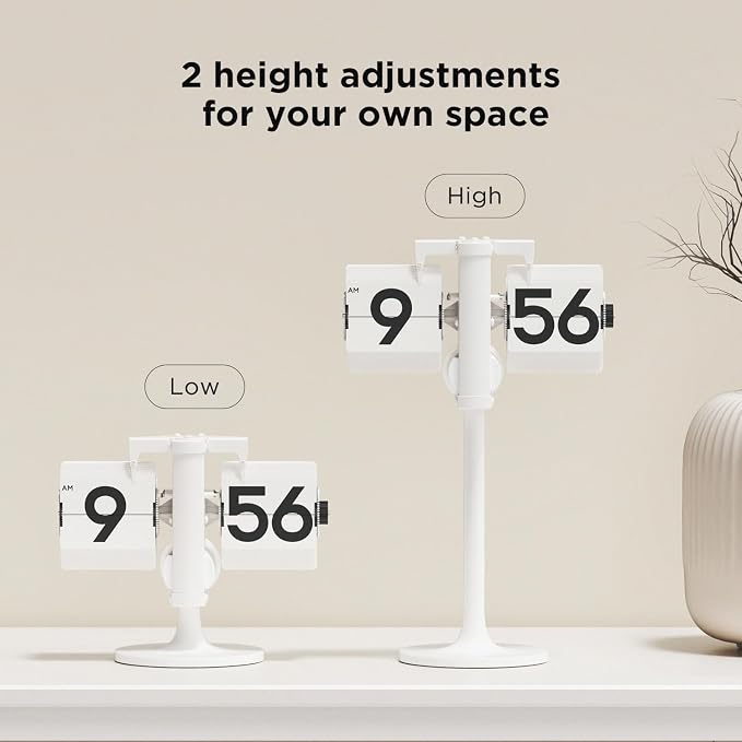 mooas Standing Height Adjustable Flip Desk Clock (White), Retro Vintage Analog Design Flip Clock Standing Clock Battery Operated, for Home Living Room Office School Hotel