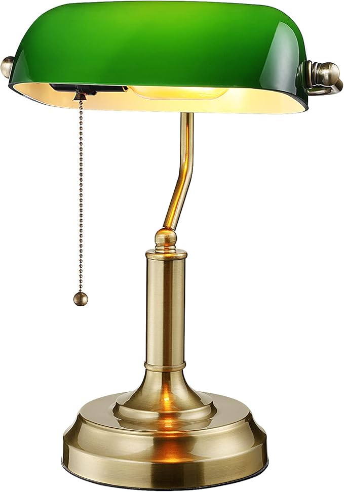 TORCHSTAR Green Glass Bankers Desk Lamp, Antique Desk Lamps with Brass Finish Base, Traditional Library Lamp with Pull Chain, E26 Base, Vintage Desk Lamp for Office, Study Room