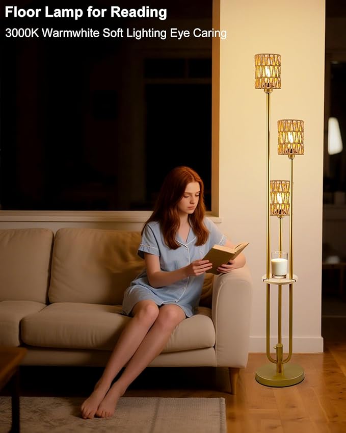 Lightdot Dimmable Boho Floor Lamps with Table 3-Lights Farmhouse Floor Lamp 3000K Warmwhite Bulbs Included Rustic Gold Standing Lamp with 5Lbs Heavy Base for Living Room/Sofa Beside/Corner Decor