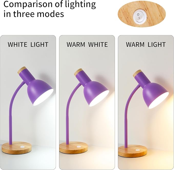 Table Lamp,Wooden Adjustable Desk Lamp,Dorm Lamp&Bedside Lamp for Living Room, Bedroom, Kids Room (Purple)