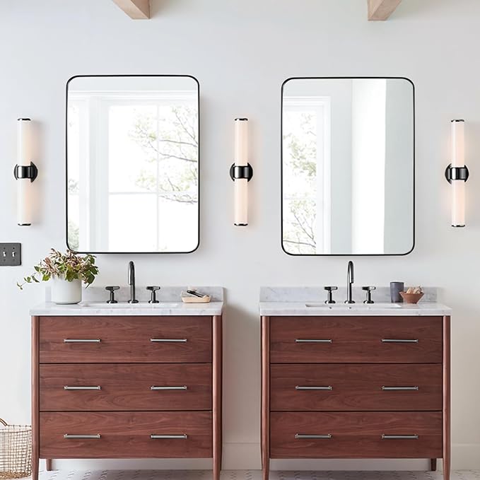 Black Bathroom Mirror 24X32 Inch Rounded Rectangle Wall Mirror Stainless Steel Metal Frame Vanity Mirror Anti-Rust for Entryway, Bathroom, Vanity, Living Room Hangs Vertically or Horizontally