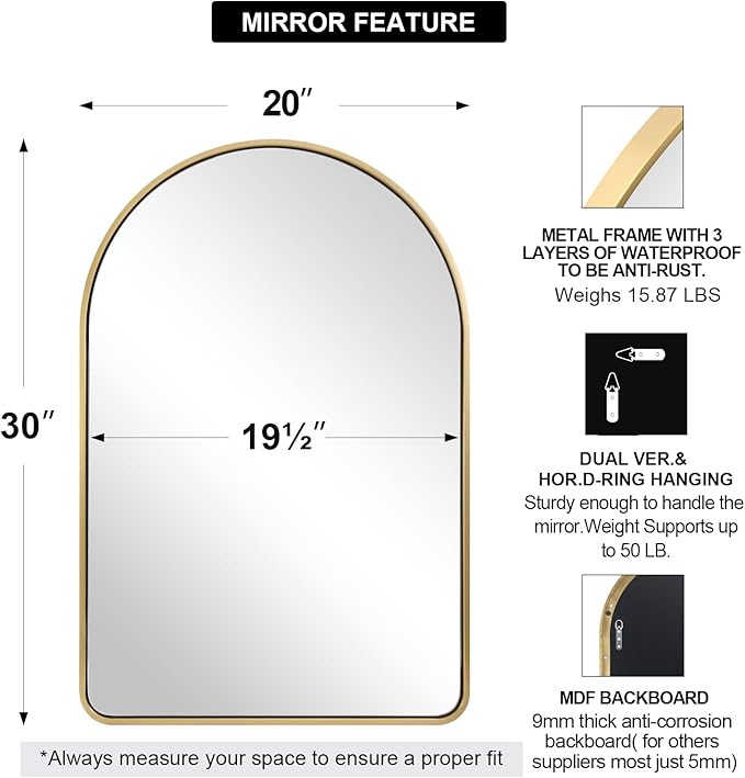 ANDY STAR Brass Mirror, 20x30 Gold Arched Mirror, Brass Bathroom Mirrors for Wall in SUS304-Anti-Rust, Seamless Tube Metal Frame, Wall-Mounted Vertical 1’’ Deep