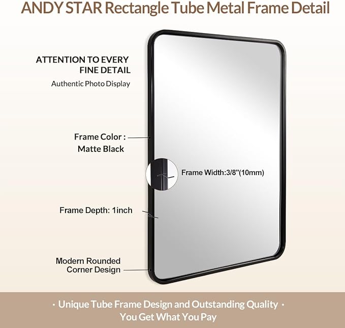 ANDY STAR 40X32 Inch Black Bathroom Mirror, Black Bathroom Vanity Mirrors for Wall, Rounded Rectangle Mirror for Bathroom, Seamless Tube Metal Frame, 1’’ Deep Wall Mounted Vertical/Horizontal