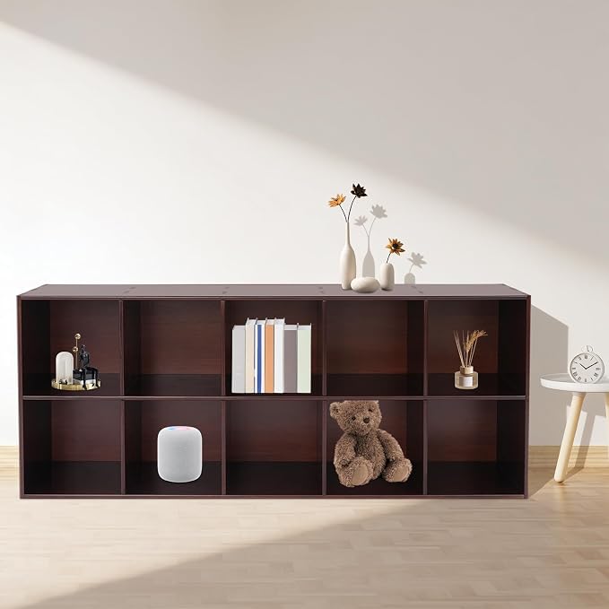 10 Cube Storage Organizer, Solid Wood Bookshelf, Vertical Or Horizontal Bookcase Horizontal Bookshelf, Bookcase for Bedroom, Living Room, Office (Walnut, 10-Cube, 2)