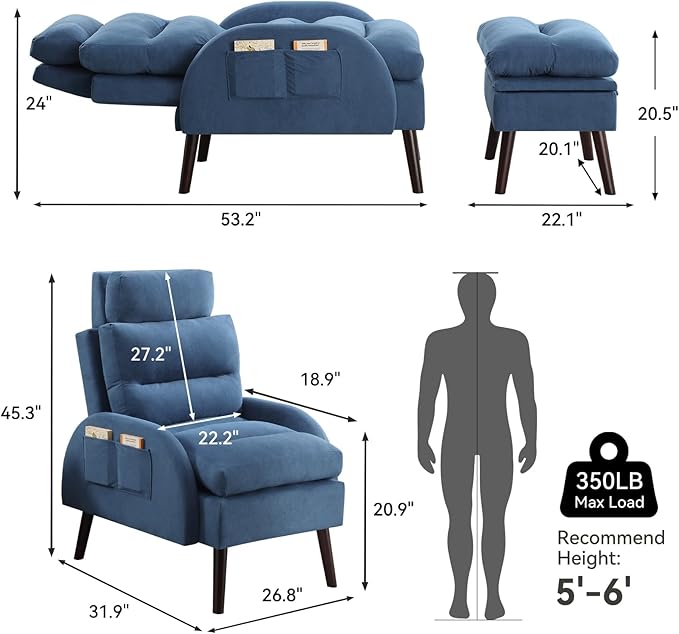 HCHAIRH Accent Chair with Ottoman, Velvet Comfy Reading Chair and Ottoman Set, Modern Oversized Velvet Lounge Sleeper Armchair with Adjustable Backrest for Living Room Bedroom, Blue