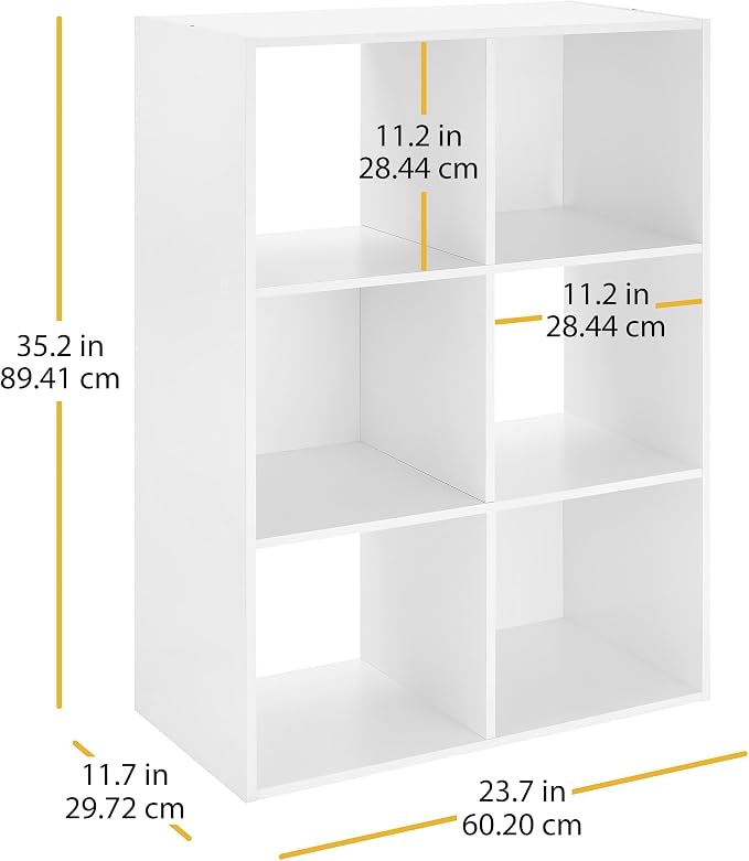 Whitmor 6 Cube Storage Organizer, 3 Tier Stackable MDF Wood Bookcase, Open Storage Display Bookshelf, Storage Cabinet for Living Room, Bedroom, Home, Office, 23.7" L x 11.7" W x 35.2" H, White