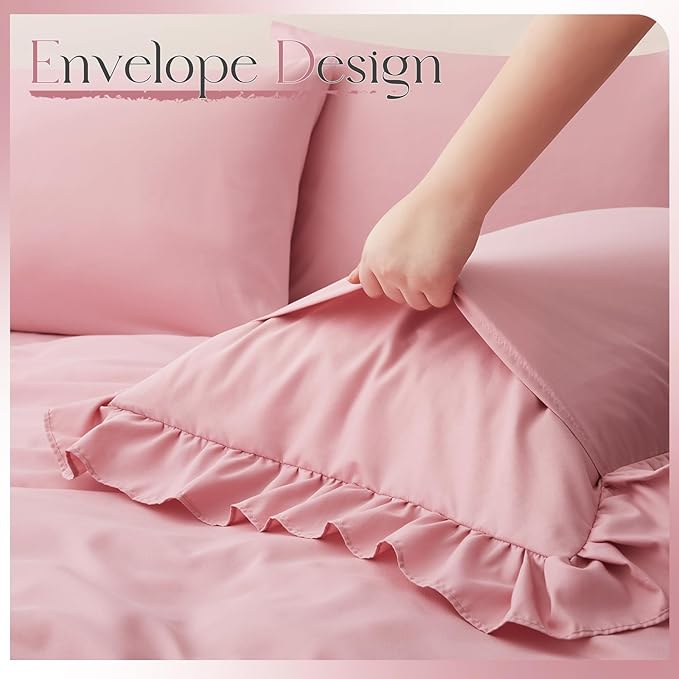 Horbaunal Dusty Pink Ruffle Sheets Queen Size 6 Piece, Fits 16" Deep Mattress, Microfiber Pink Queen Sheets with 2 Ruffled Pillowcases, Shabby Chic Bed Sheet Set