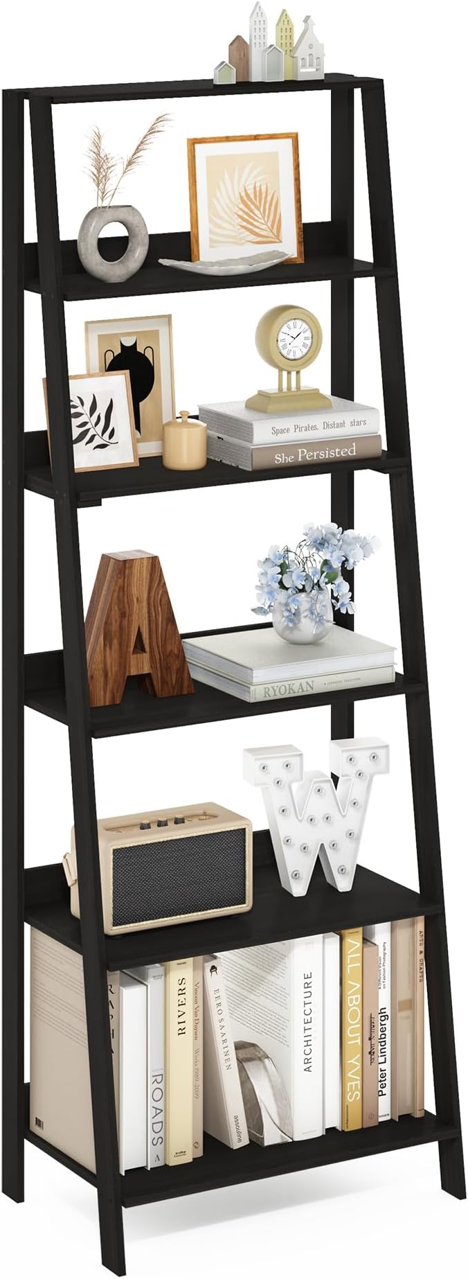 Furinno Ladder Book Shelf, 6-Tier Ladder Shelf, Open Design Bookshelf, Display Storage Bookcase, 14.8" x 23.6" x 66.2", Living Room, Home Office, Espresso