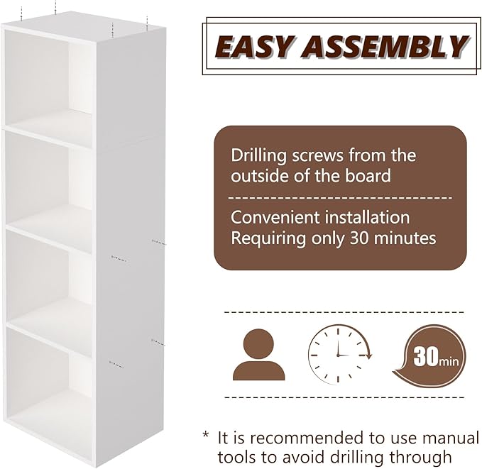 Wooden 4 Cube Storage Organizer, 4 Tier Storage Cubes Storage Display Cubby, 42 Inch Tall Versatile Cubes Shelf and Cubby Organizer for Any Space (White, 4 Cube-W(11.8inch)
