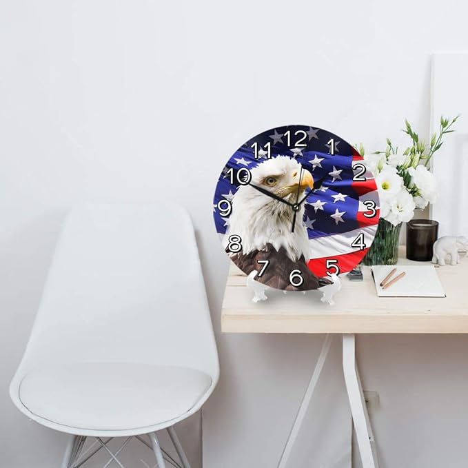 Patriotic Bald Eagle with American Flag Wall Clock Battery Operated Silent Round Clock Wall Decor for Home Office School, 12 Inch