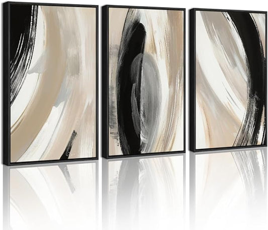 KUVIOKE Modern Abstract Framed Wall Art Black Neutral Minimalist Ink and Wash Graffiti Pastel Wall Decor for Bedroom Living Room 12x16in (Black Framed)