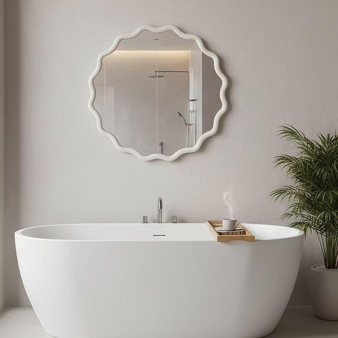 24 Inch Wooden Wavy Round Wall Mirror, Modern Solid Wood Frame Circle Decorative Accent Mirror for Bedroom, Bathroom, Living Room, Entryway, White