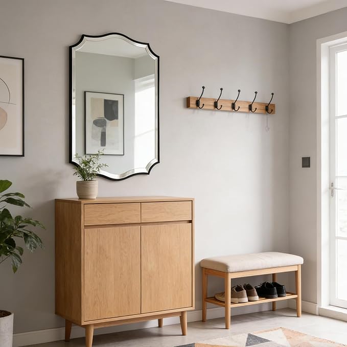 POZINO Scalloped Beveled Wall Mirror, 24"x36" Matte Black Rectangle Vanity Mirror for Over Sink, Modern Irregular Wavy Shaped Mirrors for Bathroom Living Room Bedroom Fireplace Entryway