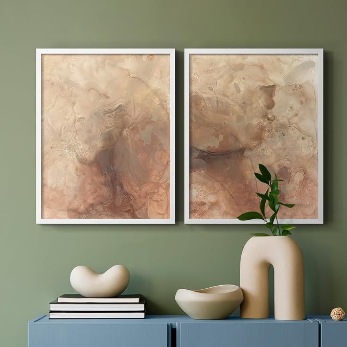 Renditions Gallery Set of 2 Peel & Stick Framed Prints, Abstract Wall Art, Brown Textured Marble Design Re-Stickable - Ready to Hang - 8"x10" - White Frame LT588