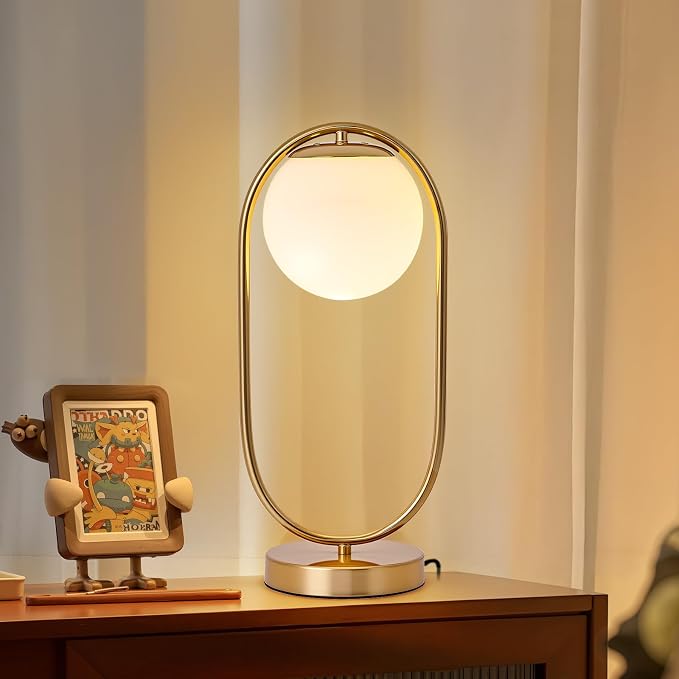 NKU Mid Century Modern Table Lamp, Boho Vintage Glass Globe Lamp with LED Bulb, Bedside Nightstand Light for Bedroom Farmhouse Office Desk