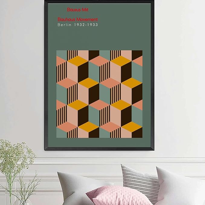 Canvas Painting Wall Mural Print Bauhaus Exhibition Poster Geometric Minimalist Abstract Wall Art Print Mid Century Modern Orange Sage Green Decor Modern Home and Bedroom Decoration 12x18inch metal