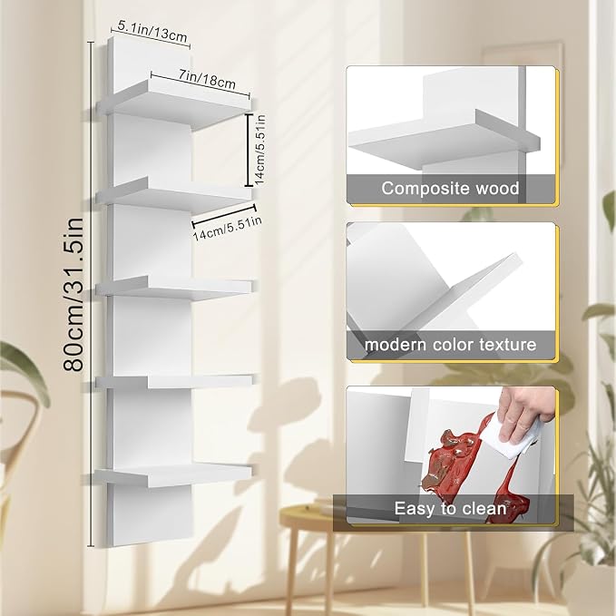 2 Pack 5 Tier Wall Shelf Unit - 31“ Lack Floating Shelf, Compact Display Floating Shelf, Vertical Column Wall Decor Mount Floating Storage Organizer Tall Tower Shelf for Bedrooms, Living Rooms