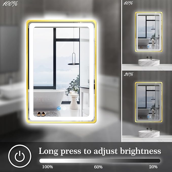 16 x 24 Inch Bathroom Gold Vanity Mirror with Lights Gold Frame Lighted Mirror for Bathroom Wall Tabletop Makeup Mirror with Lights AntiFog 3 Color Dimmable Gold Framed Smart Light up Mirror