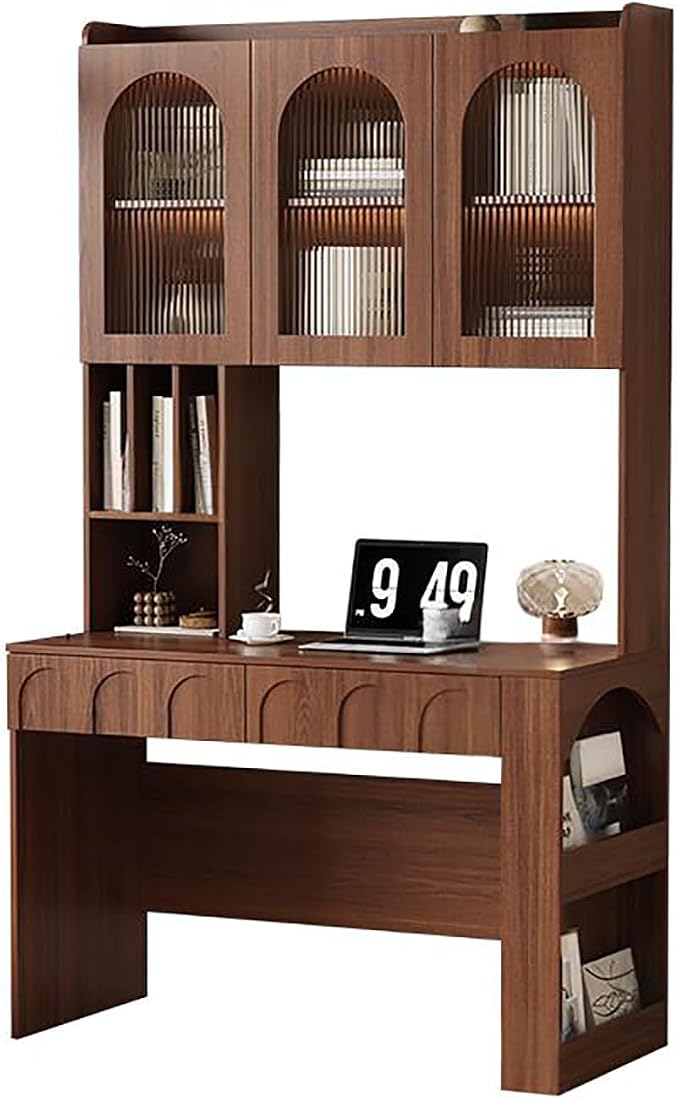 79" Mid-Century Desk, Multifunctional Computer Desk with Drawer and Glass Storage Cabinets, Reading Table, Office Desk, Bedroom Vanity Desk(120CM, A)