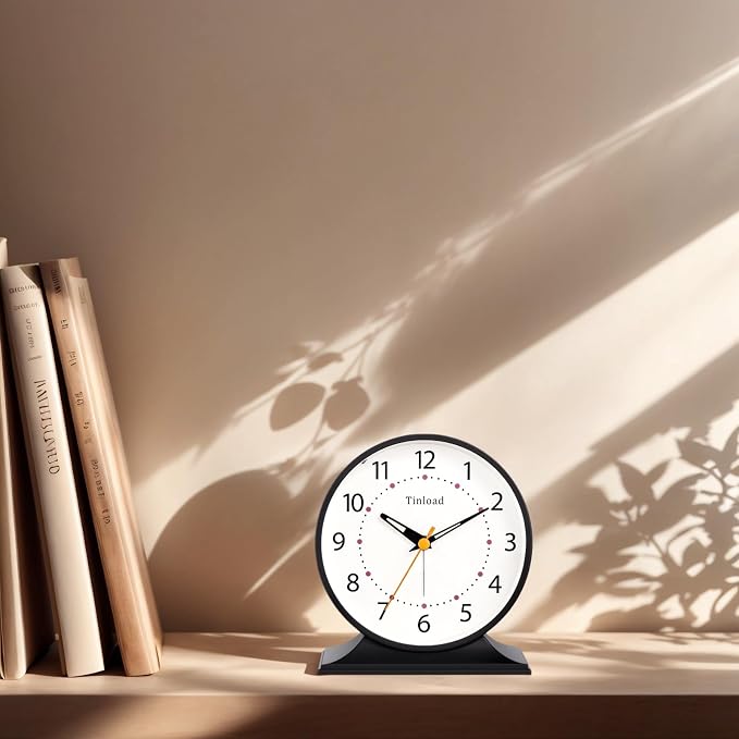 Tinload 4.5" Antique Retro Analog Alarm Clock, Small Silent Bedside Desk Clock with Manual Light, Battery Operated, Snooze, for Living Room, Bedroom, Bedside, Desk(Black)
