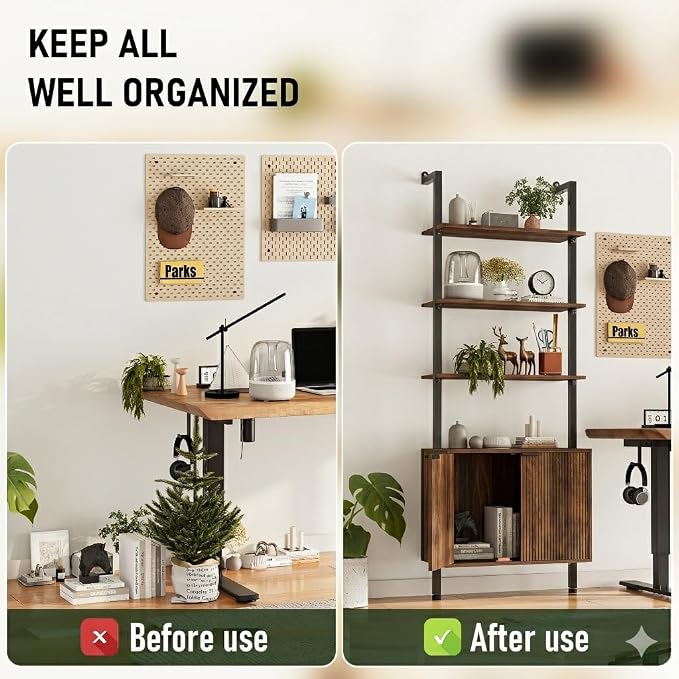 INNOD 74" Tall Bookshelf with Storage Cabinet, Modern Ladder Shelf with Wood and Metal Frame, Wall Mount Bookcase Open Display Shelf Furniture for Living Room, Bedroom, Home Office, Walnut