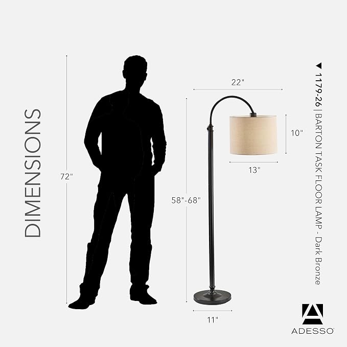 Adesso Antique Bronze Floor Lamp with Oatmeal Linen Shade – Adjustable Height Accent Light for Bedroom, Living Room, or Home Office, up to 68” Tall