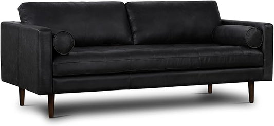 POLY & BARK Napa 88.5" Leather Sofa – Full-Grain Italian-Tanned Aniline Leather, Feather-Down Comfort, Solid Wood Frame, Walnut Legs, Onyx Black