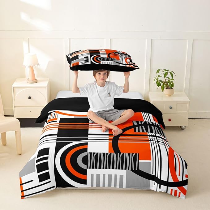 Erosebridal Art Deco Mid Century Duvet Cover Set Retro Modern Abstract Geometric Twin Bedding Sets for Girls Little Boys Black and White Orange Circles Stripes Comforter Cover Contemporary Bed Set