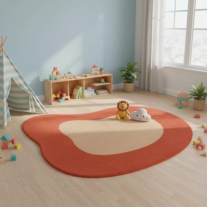 Red Beige Brown Irregular Rug Minimalist Modern Abstract Area Rug for Living Room Bedroom Playroom Unique Designer Machine Washable Comfort Carpet Boho Home Office Nursery Non Shedding Floor Mat 5ft
