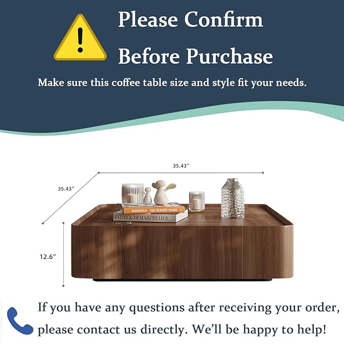 Luxury Wood Coffee Table with Hidden Drawer, Easy Installation Square Center Table for Living Room, Raised Edge Design, Premium Walnut Finish (35.43" Square Coffee Table)