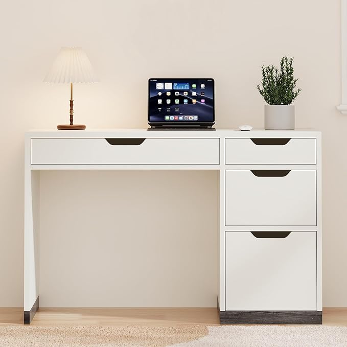 48 Inch White Desk with Drawers, Small Desk with 4 Storage Drawers for Kids, Computer Study Desk with Filing Drawers for Home Office