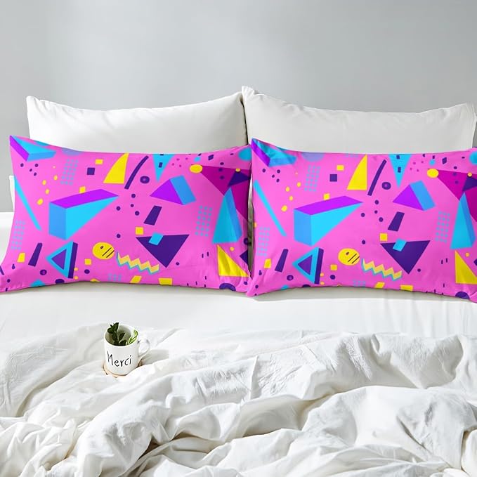 80s Bedding Set Memphis Pattern Old Fashion Comforter Cover,Vintage 90s Memphis Style Duvet Cover Abstract Geometric Pattern Retro Bed Set Full,Rainbow Urban Modern Circles Triangle Room Decor