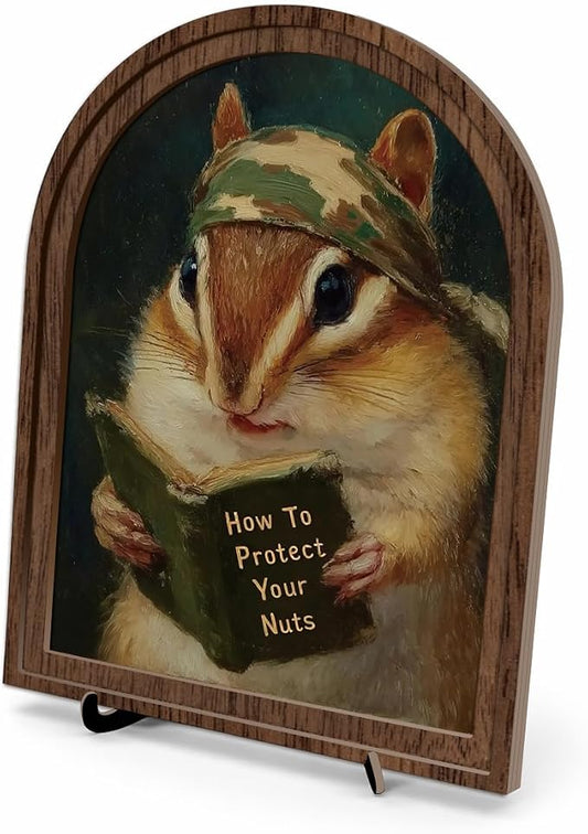 Wooden Tabletop Decor Funny Reading Chipmunk Art for Bookshelf Desk Shelf, Vintage Animal Sign with Rustic Frame, Home Office Decorative Accent