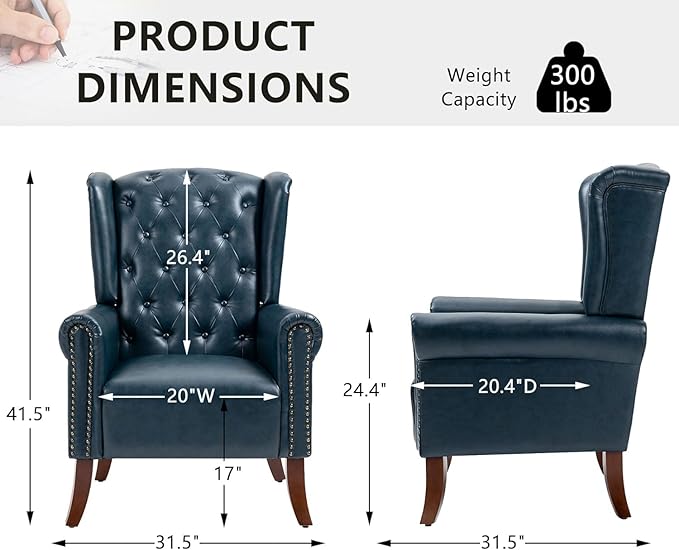 MOJAY Modern PU Leather Accent Chairs Set of 2, Mid-Century Living Room Chairs Upholstered Club Arm Chair, Single Sofa Chair with Solid Wooden Legs for Bedroom Study Home Office Reception (DarkBlue)