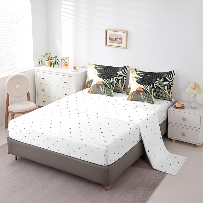 Erosebridal Mid Century Modern Bedding Sets King Boho Botanical Minimalist 7 Piece Comforter Set,Vintage Line Art Bed in a Bag Modern Simple Aesthetic Sheet Set with Comforter,Black Beige
