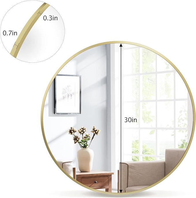 VooBang Gold Round Bathroom Mirror, 28 inch Circle Wall Mounted Hanging Mirror with Simple Modern Circular Metal Frame for Hallway, Entryway, Living Room, Gold Frame