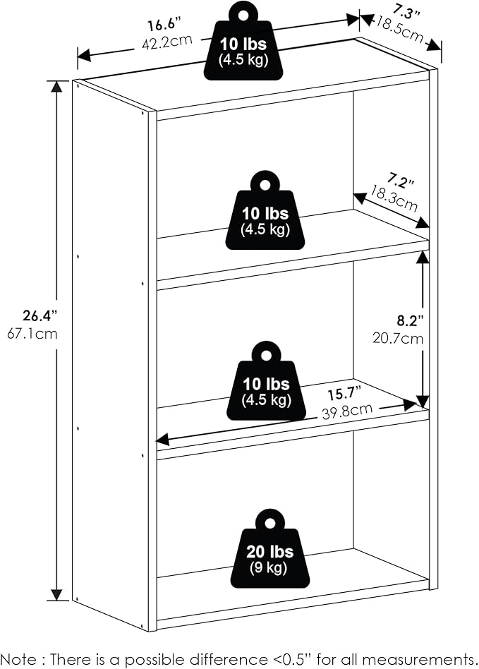 Furinno Basic Book Shelf, 3-Tier Bookshelf, Cube Storage Organizer Bookcase with Open Shelf, 7 x 17 x 26, for Living Room, Bedroom, Home Office, Espresso